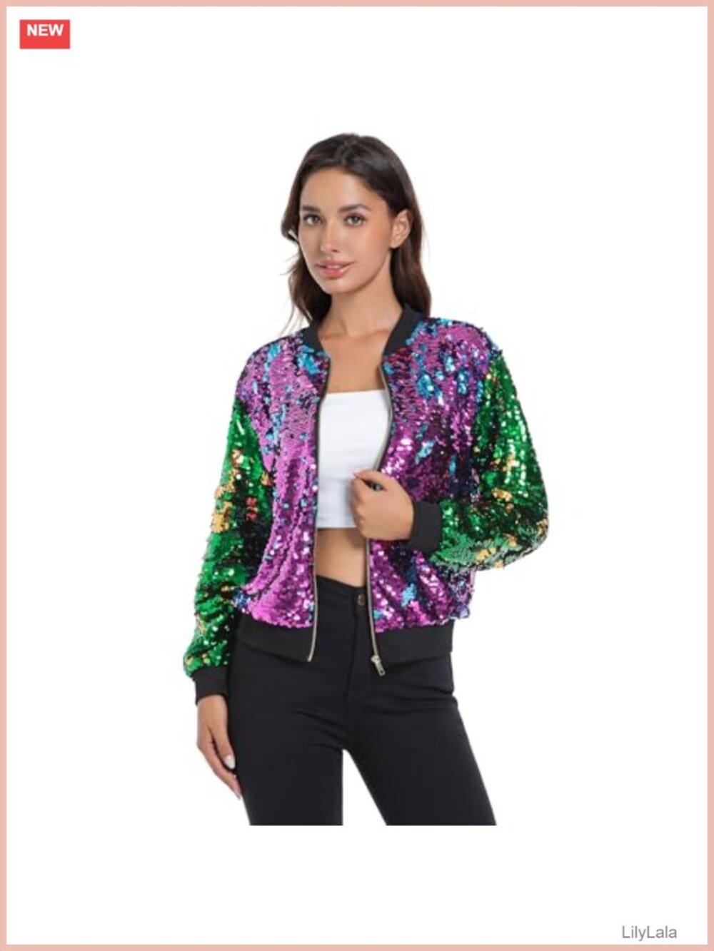 Sequin Bomber Jacket Zip Up Glitter Long Sleeve Party Club Coat